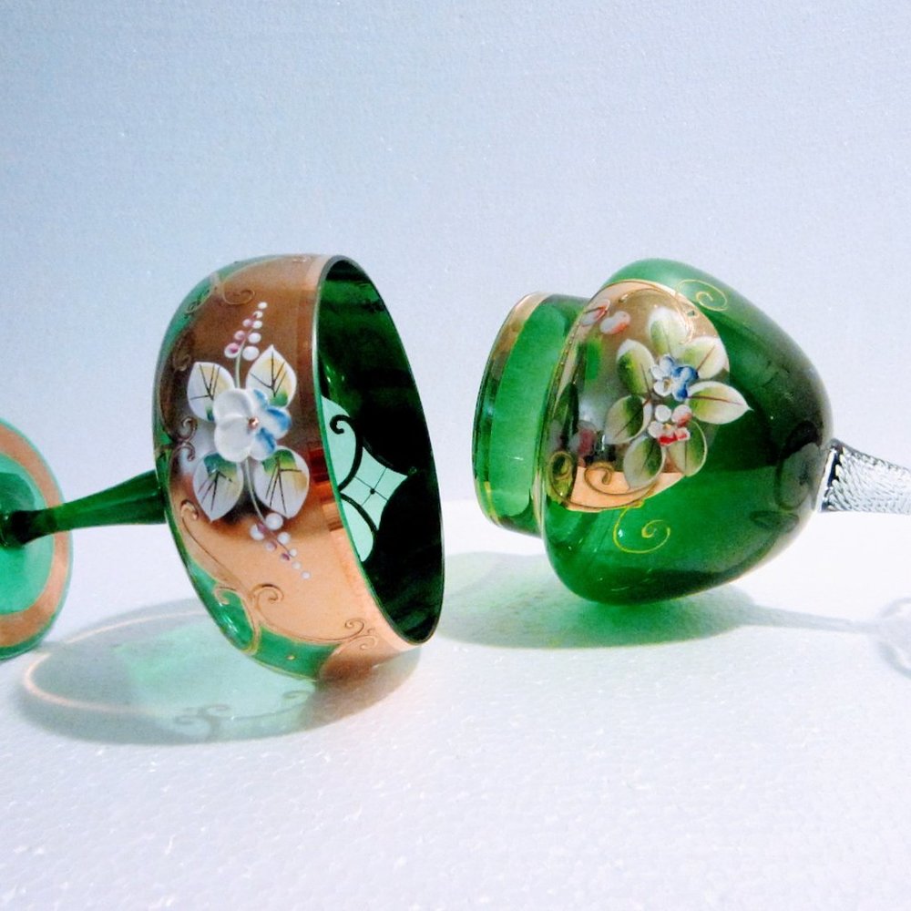 Bohemia Crystal Made In Czech Republic Green W Gold Stemmed Floral Enamel Bowls